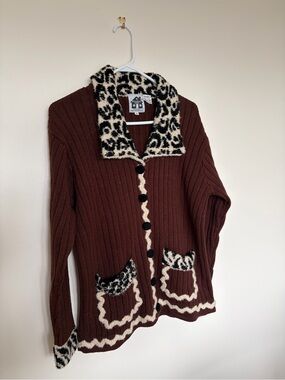 Storybook Knits Brown Cardigan with Leopard Trim